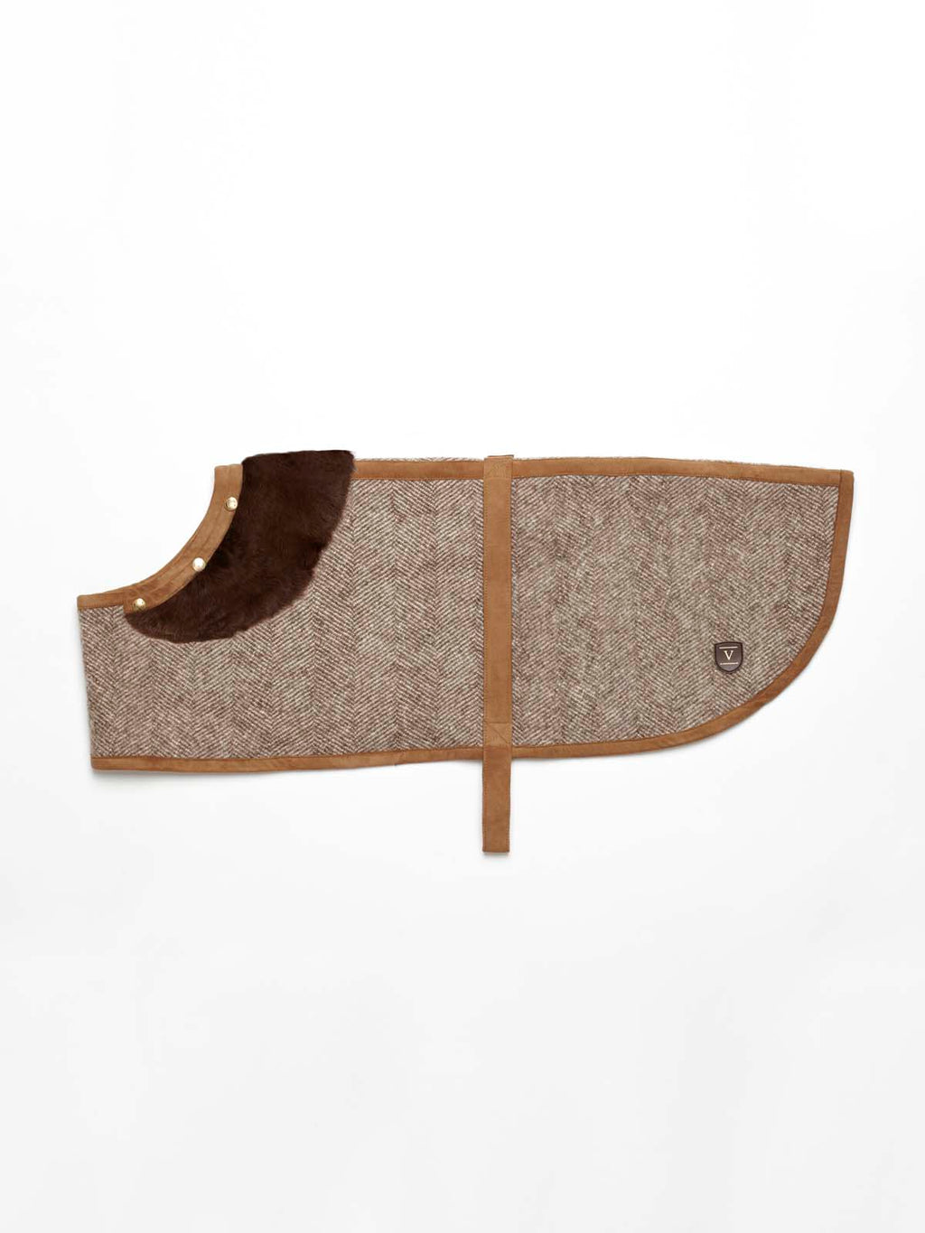 brown herringbone tweed wool dog coat featuring a dark brown fur collar, tan suede trim, and adjustable snap buttons.