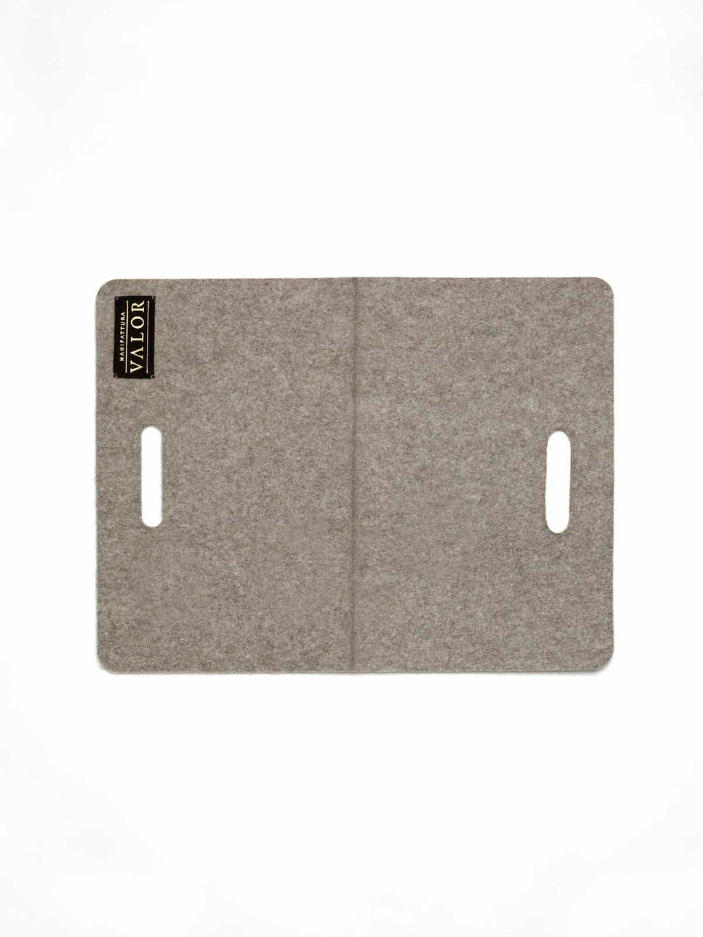 Foldaway handcrafted Italian VALOR wool felt dog mat, grey, flat lay showing handle slits and brand tag detail