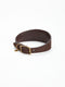 A wide dark brown nubuck leather dog collar from Manifattura VALOR featuring a solid brass roller buckle, an integrated D-ring, and a small circular gold monogram charm.