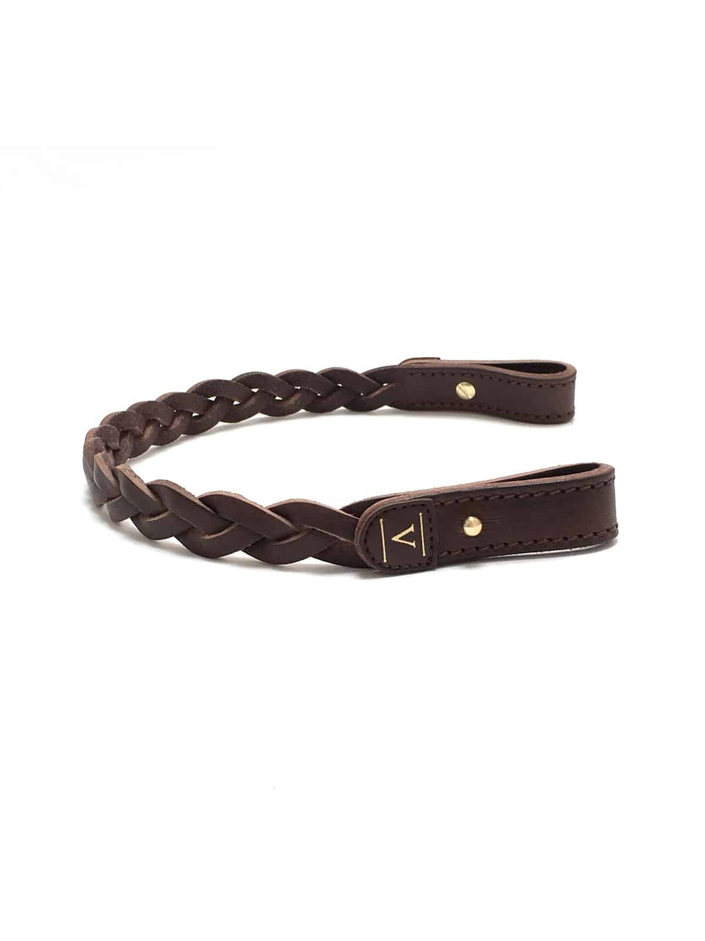 A dark brown, hand-braided leather horse browband with looped ends and a gold "V" logo emblem.