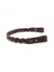 A dark brown, hand-braided leather horse browband with looped ends and a gold "V" logo emblem.