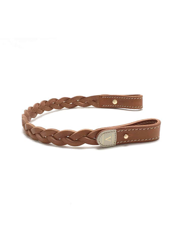 A light cognac, hand-braided calf leather horse browband with looped ends and a gold "V" logo emblem.