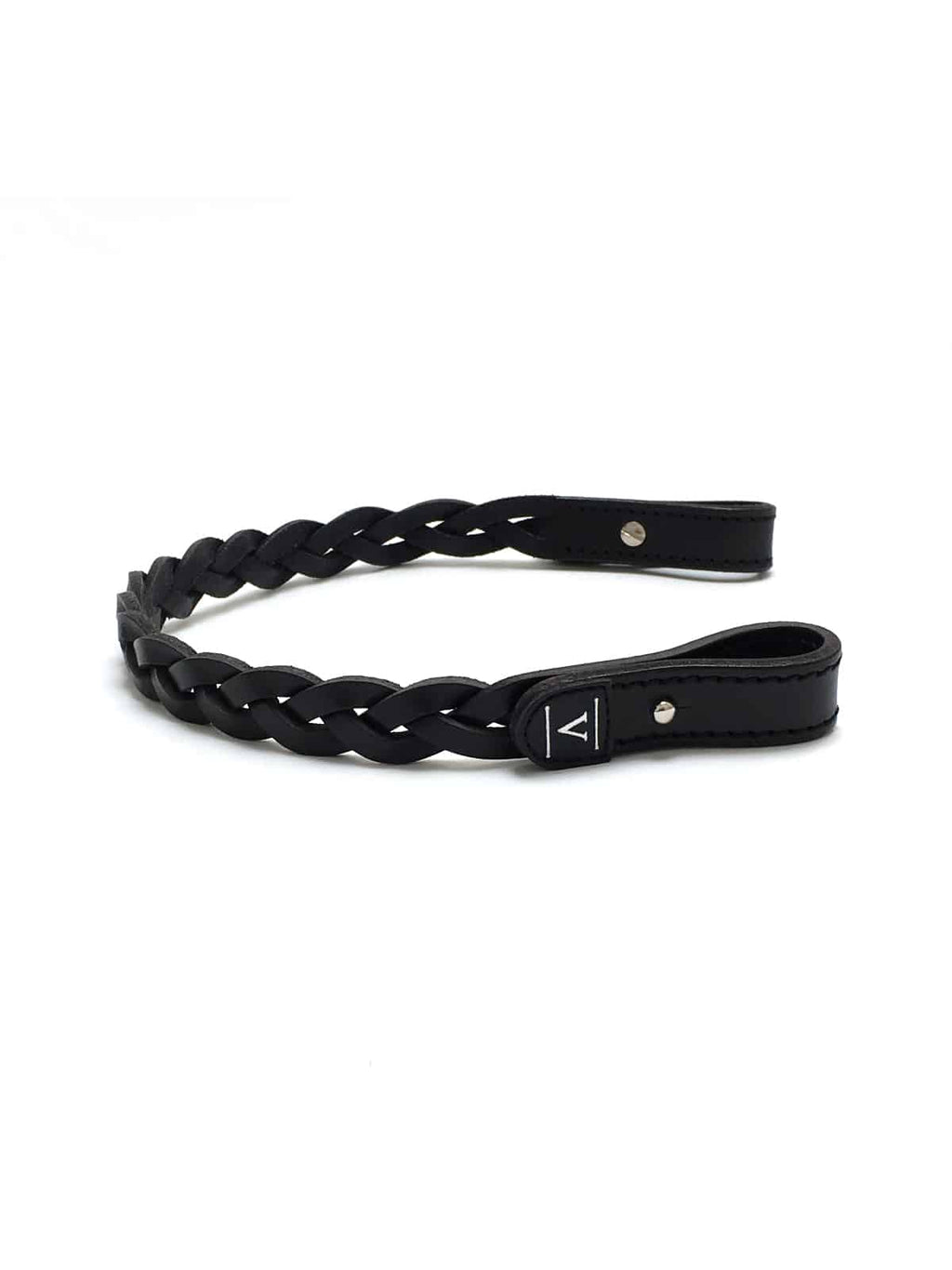 A black, hand-braided calf leather horse browband with looped ends and a silver "V" logo emblem.