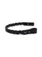 A black, hand-braided calf leather horse browband with looped ends and a silver "V" logo emblem.