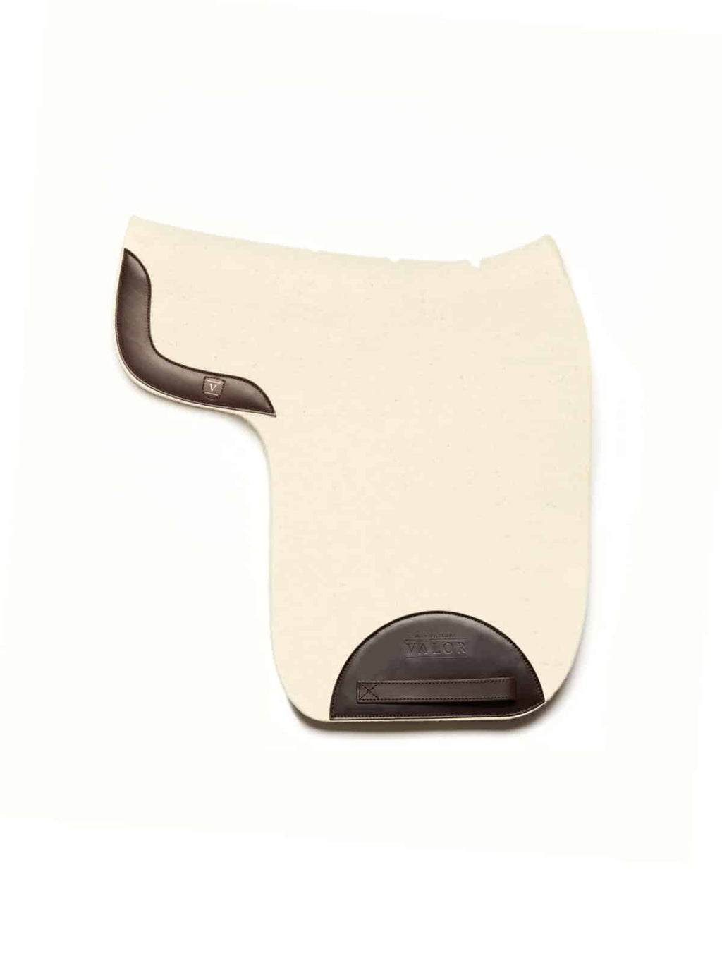 MOENA horse saddle pad dressage natural white felt with brown leather, ergonomic fit no straps