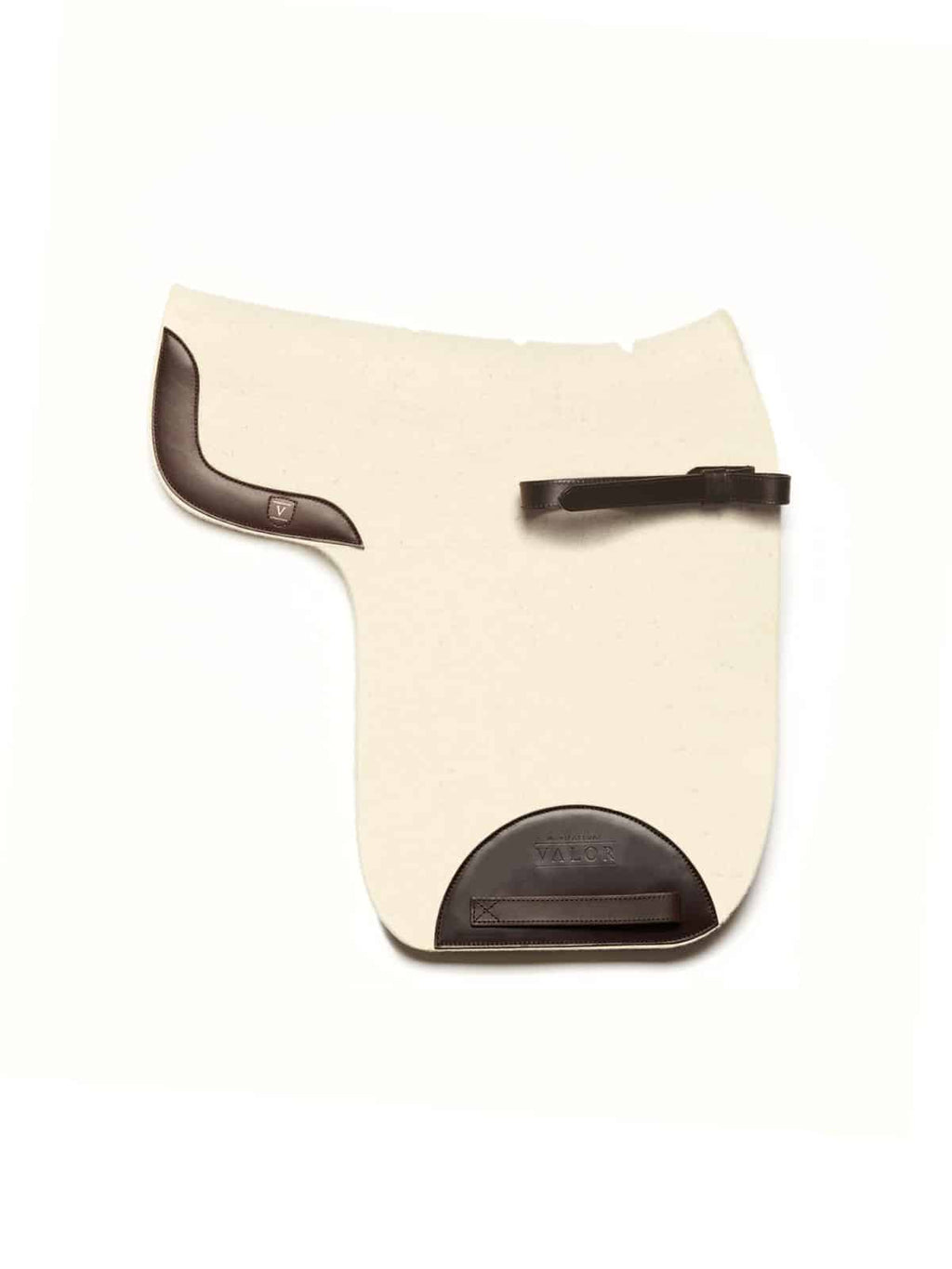 Seamless saddle pad made from 100% natural wool felt with dark brown leather trim and matching strap