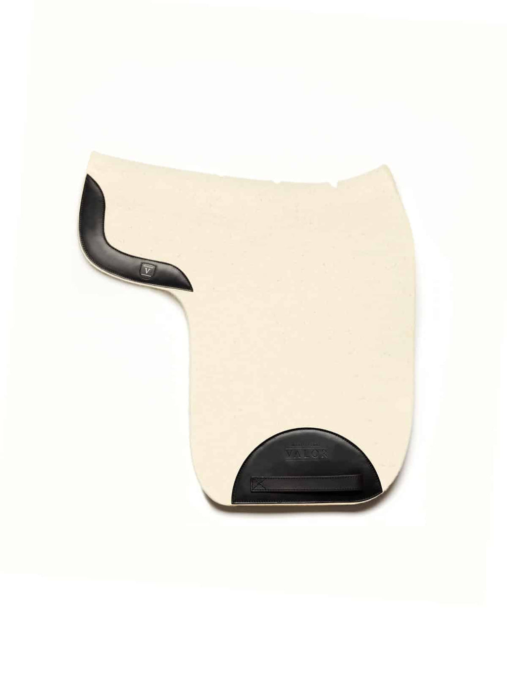 White wool felt saddle pad with black calf leather reinforcements and ergonomic seamless construction