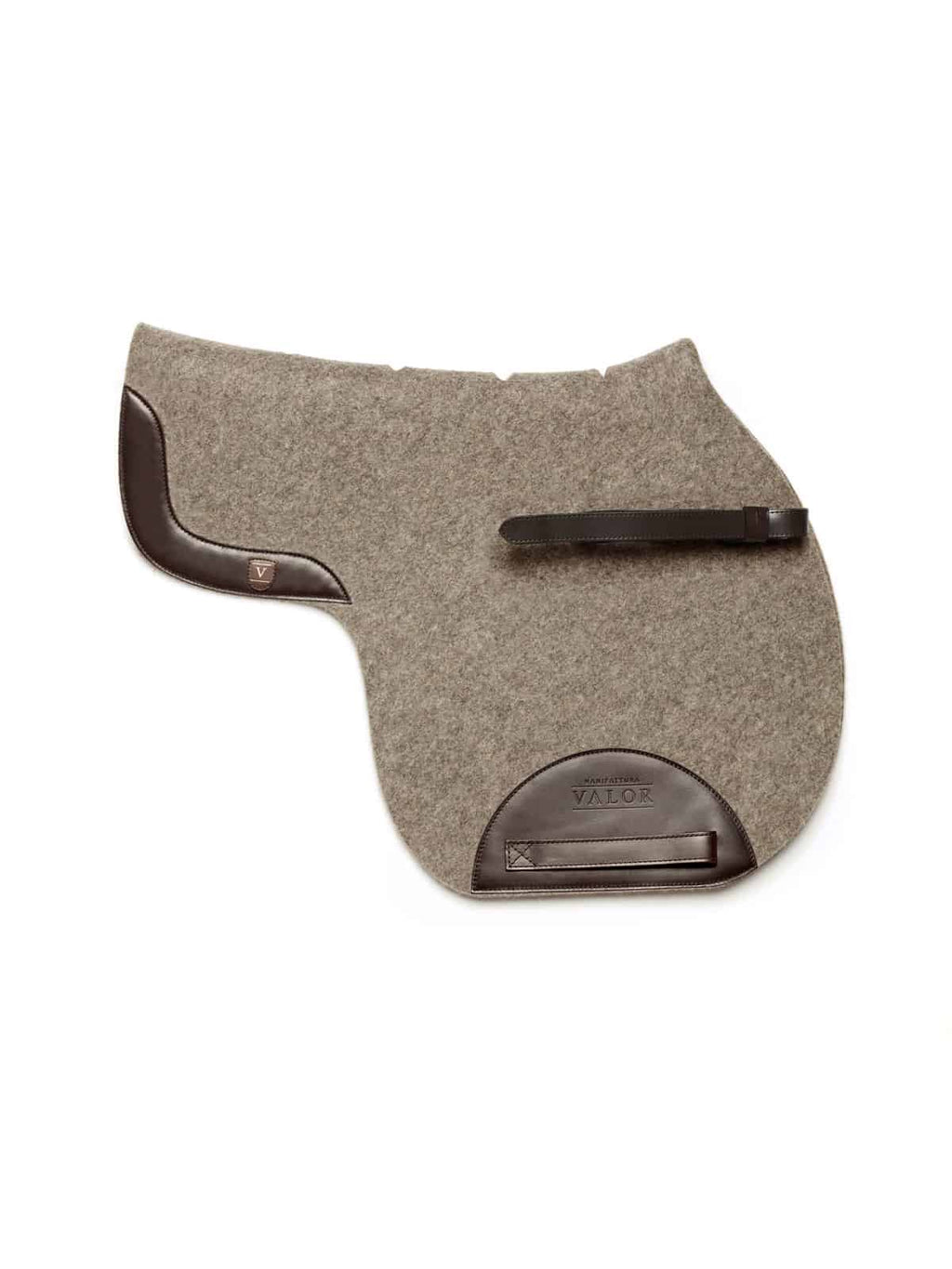 Grey wool felt show jumping saddle pad MOENA featuring anatomical spinal fit and brown leather accents.