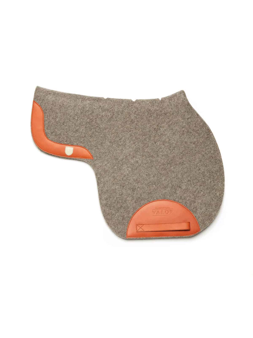 Premium gray wool felt saddle pad with tan calf nappa leather reinforcements and ergonomic fit.