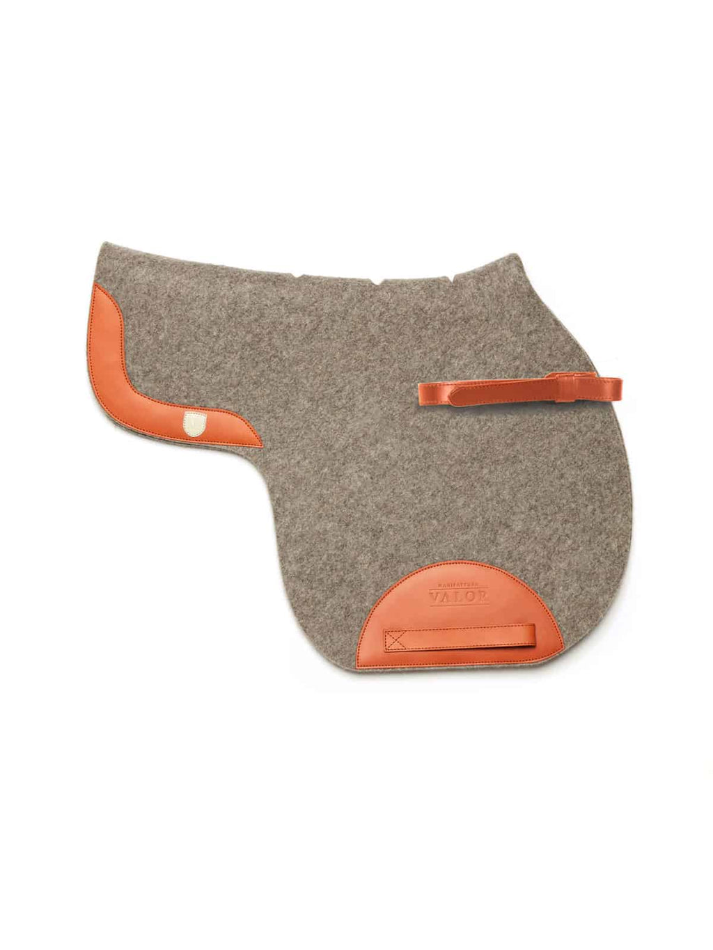 A grey felt horse saddle pad with tan leather trim and straps, viewed from the side against a white background.