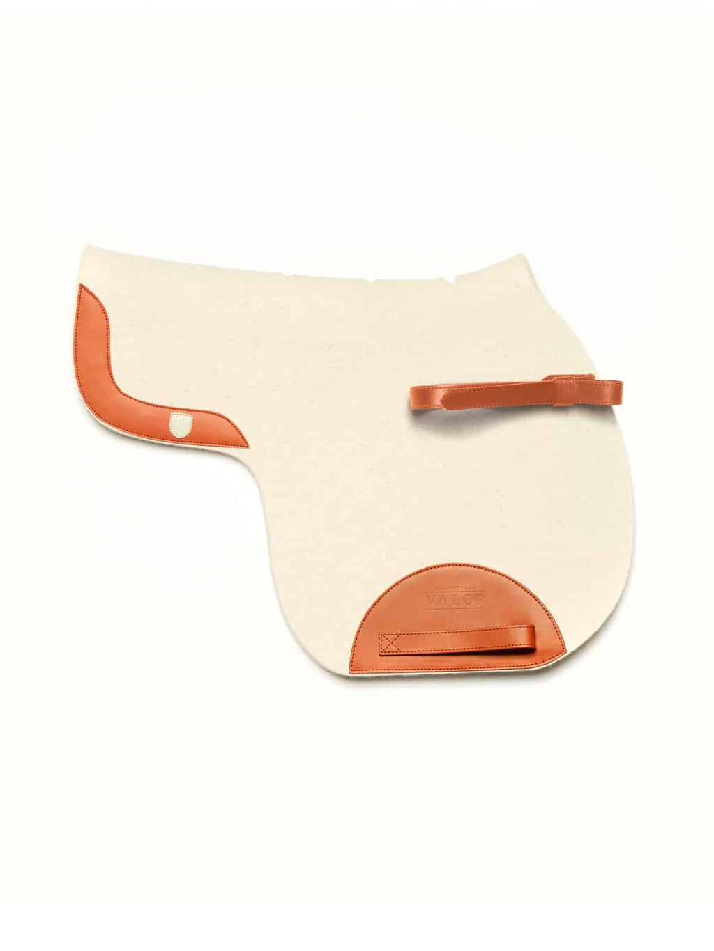 Premium cream felt saddle pad with tan leather reinforcements and a removable securing strap.