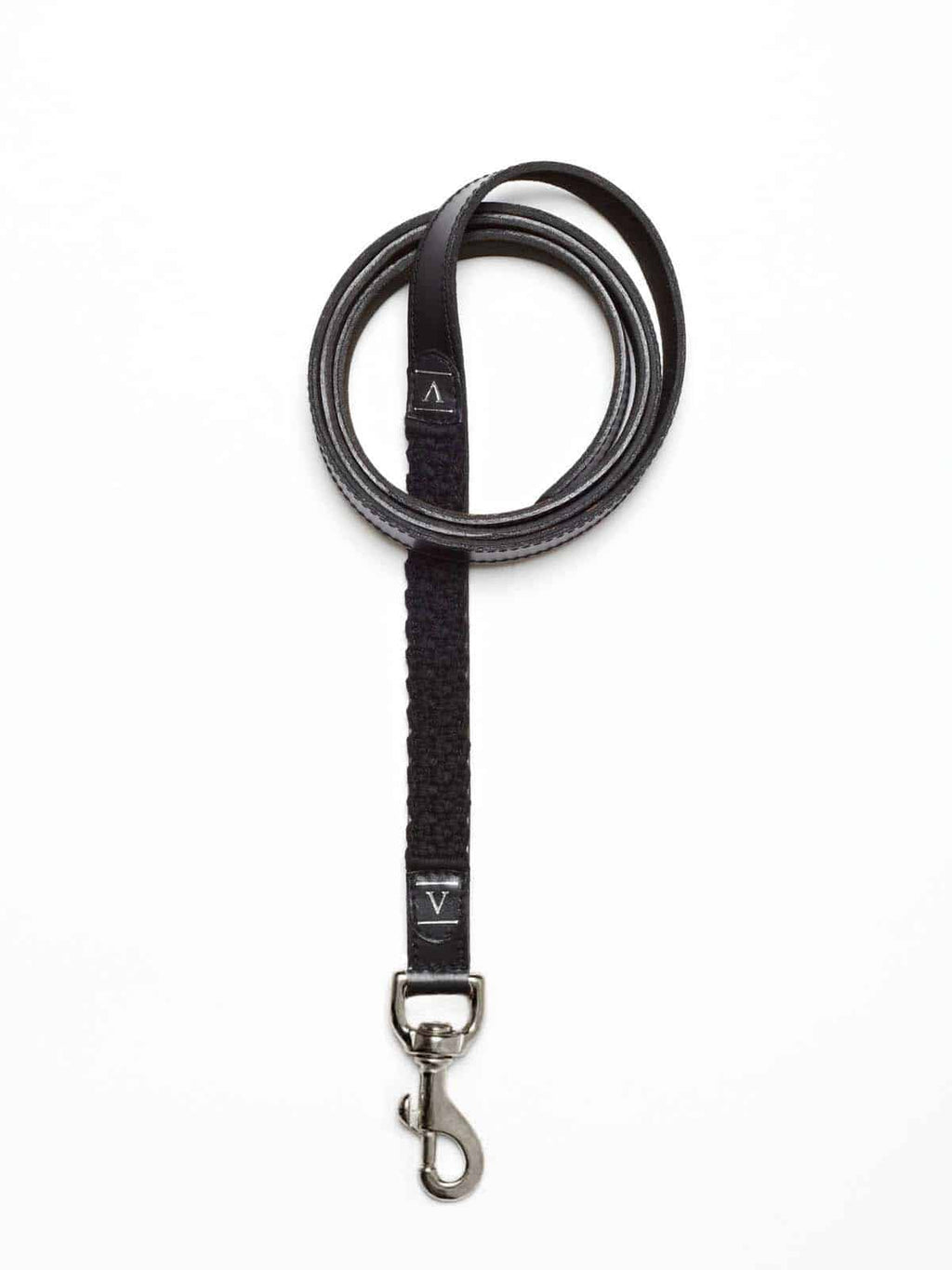 A black leather horse lead rein with a black hand-knotted rope section and a silver-tone swivel snap hook.