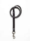 A black leather horse lead rein with a black hand-knotted rope section and a silver-tone swivel snap hook.