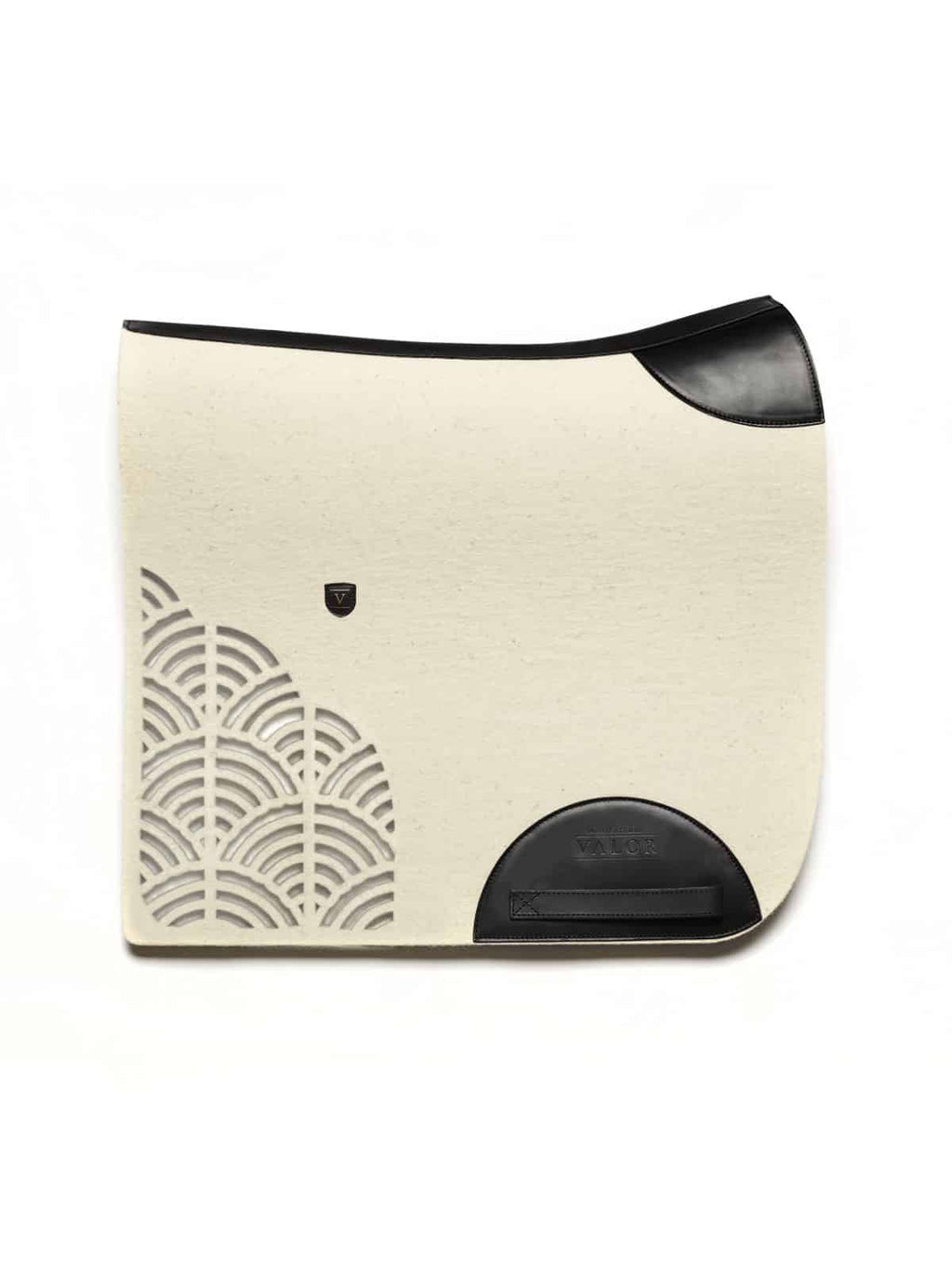 High-quality STERZING dressage pad, natural white with black leather, 56x55 cm.