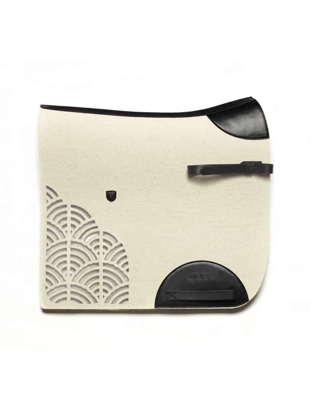 Secure and stylish STERZING dressage pad, natural white with black leather, side straps.