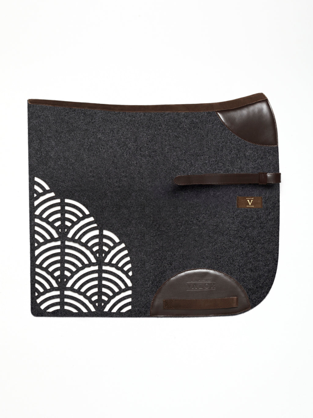 Secure-fit STERZING horse pad, anthracite color with brown leather trim and side straps.