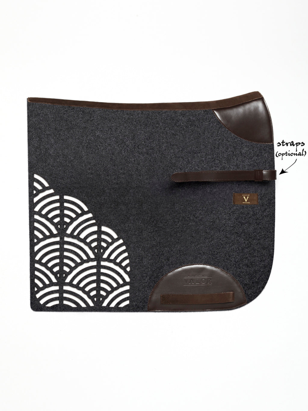 STERZING natural anthracite horse pad, brown leather details, perfect for dressage sessions.