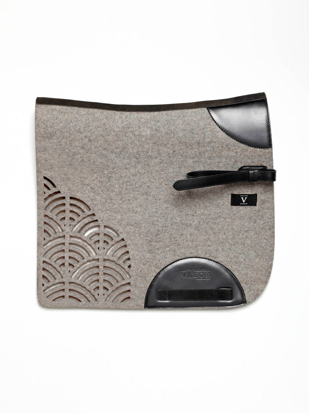 Silvergrey dressage saddle pad by Manifattura Valor, black leather edges, secure strap fit.