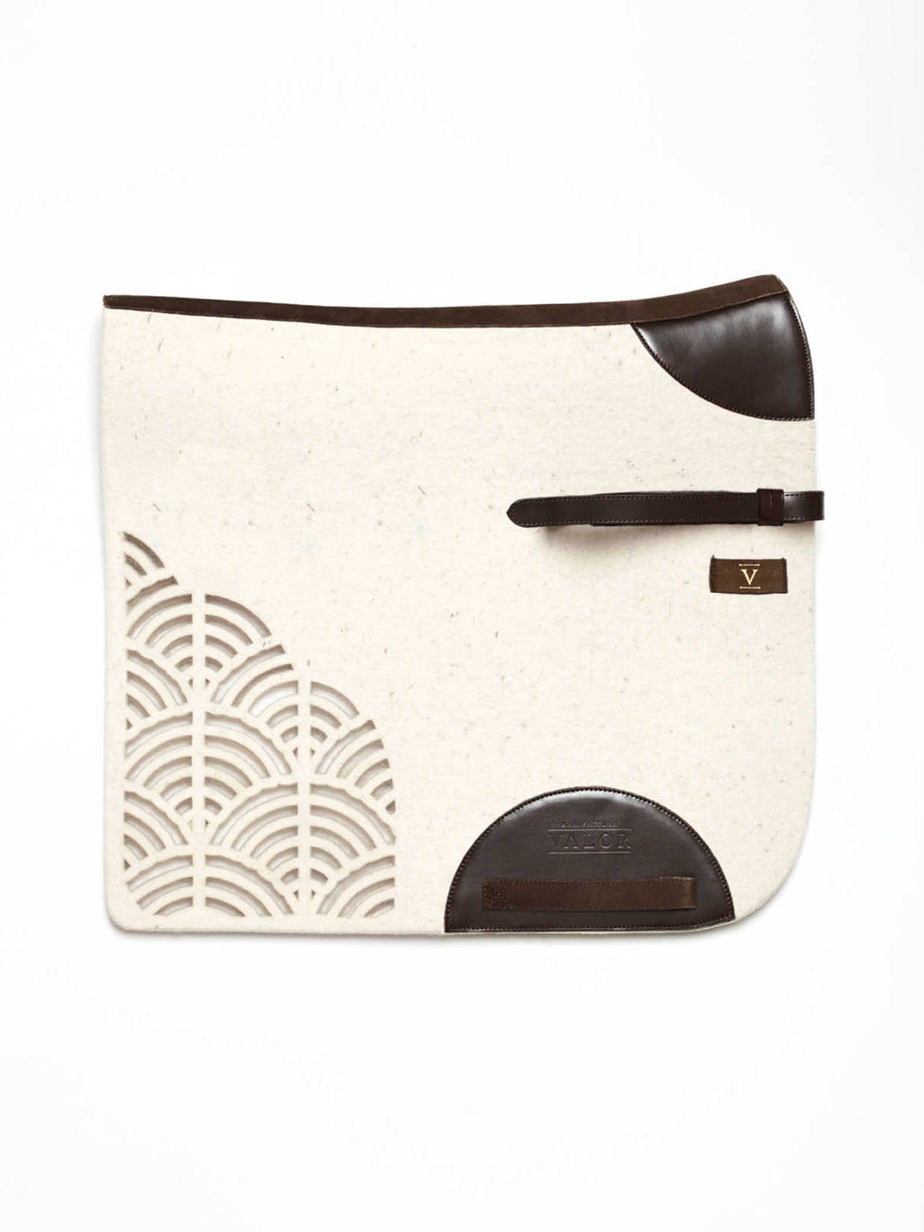 STERZING dressage saddle pad by Manifattura Valor, natural white with brown leather, straps included.