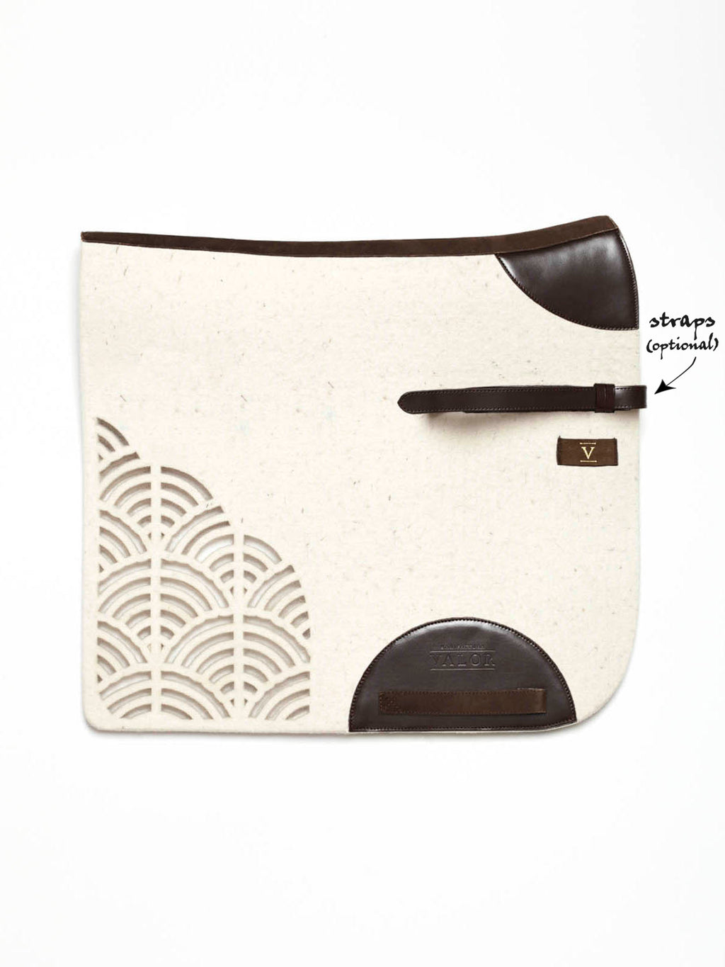 Elegant STERZING horse pad, natural white with brown leather, crafted for dressage use.