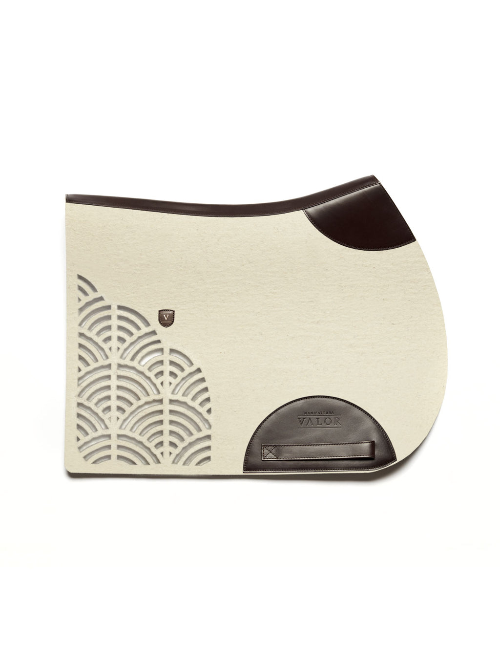 Natural white jumping saddle pad by Manifattura Valor, brown leather edges, no straps.