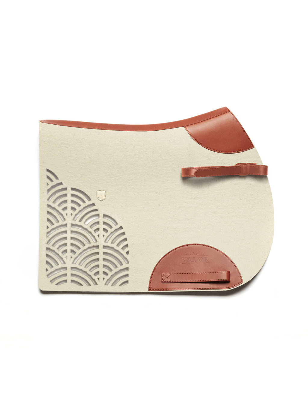 Premium STERZING show jumping saddle pad, natural white with cognac leather and straps.