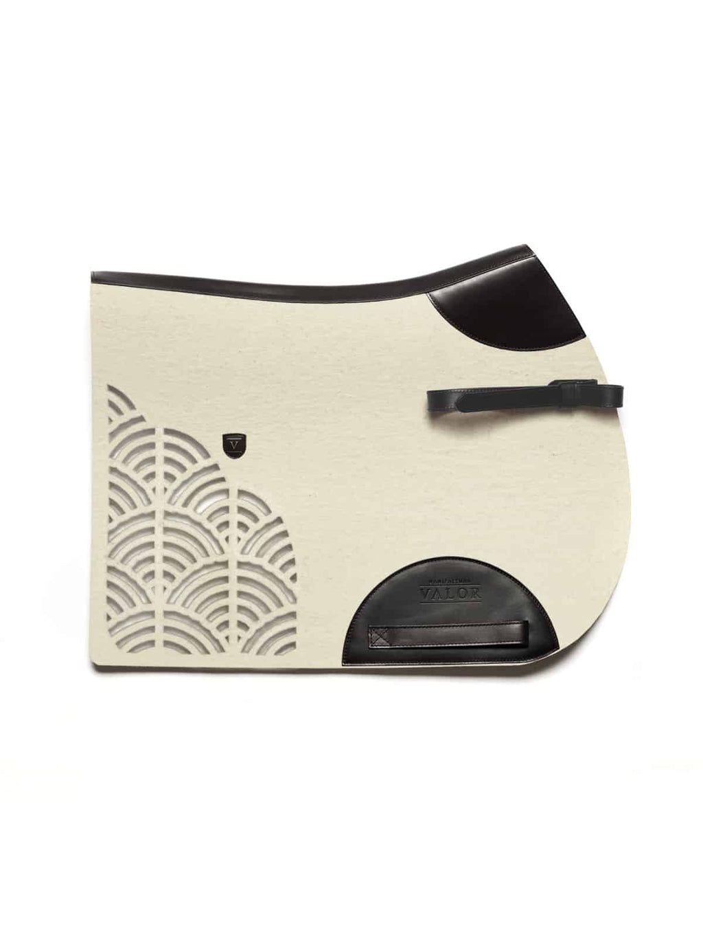 STERZING strap-ready show jumping pad, natural white, black leather, ideal for stability.