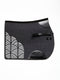 Charcoal grey wool felt horse saddle pad with black leather trim and a decorative laser-cut fan pattern by Manifattura Valor.