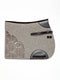 Grey wool felt horse saddle pad with black leather trim, an intricate laser-cut fan pattern, and leather straps by Manifattura Valor.