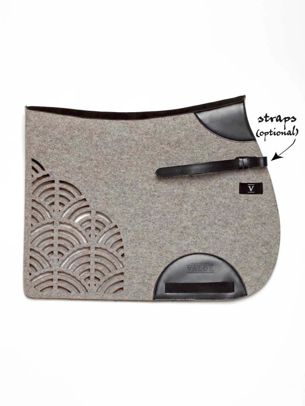 Grey wool felt horse saddle pad with black leather trim, an intricate laser-cut fan pattern, and an optional leather strap by Manifattura Valor.