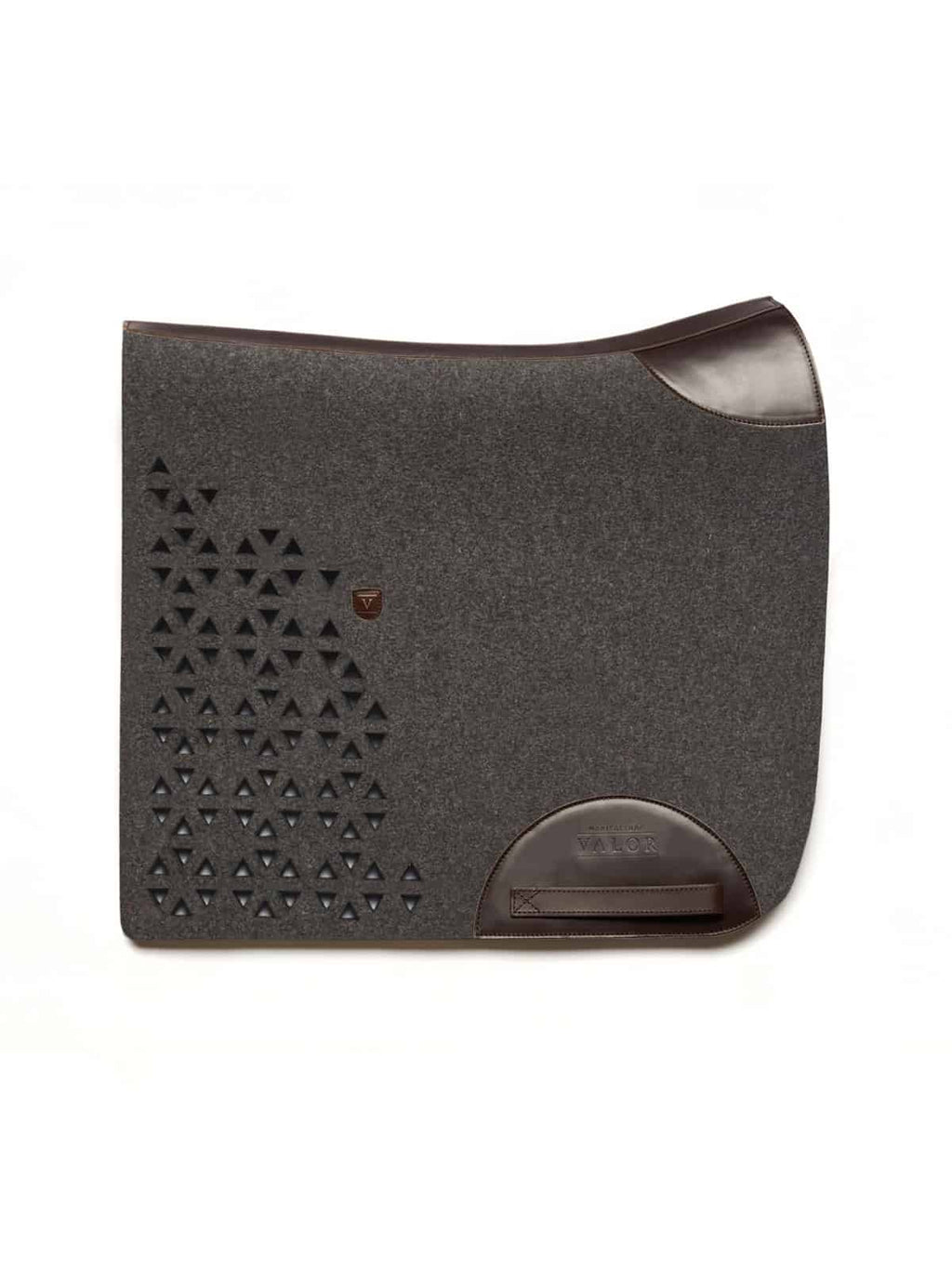 Premium charcoal wool felt cut-out saddle pad with dark brown calf leather trim.