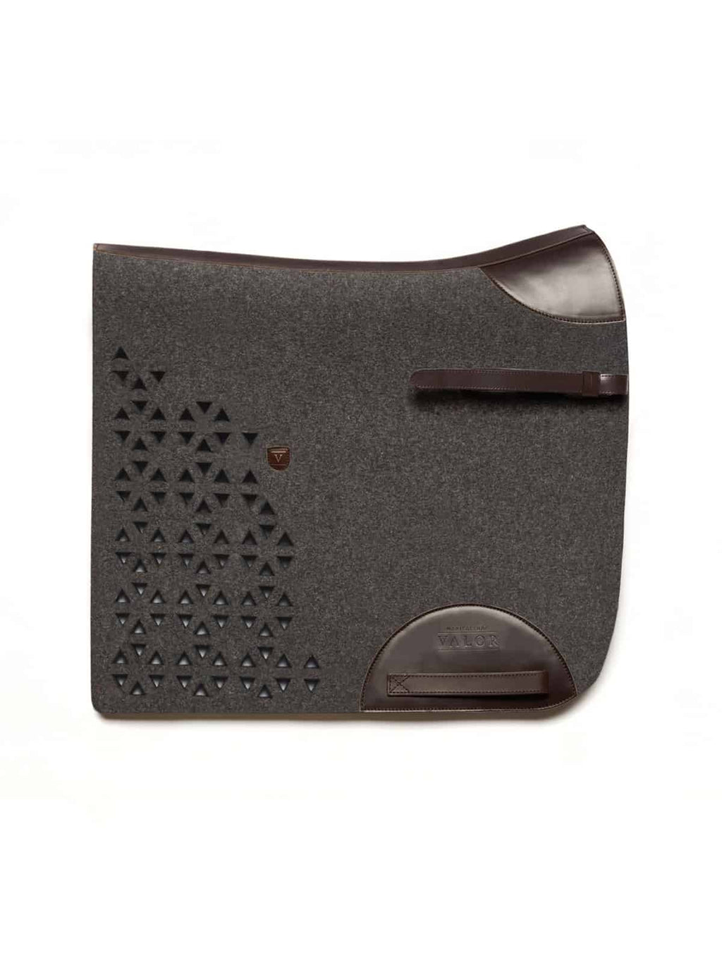 VALOR charcoal wool felt saddle pad showing elegant geometric triangular patterns and dark leather accents