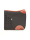 A side-view image of a dark grey felt horse saddle pad with bright tan leather trim and wear leathers, featuring a laser-cut geometric triangle pattern on the back half, isolated on a white background.