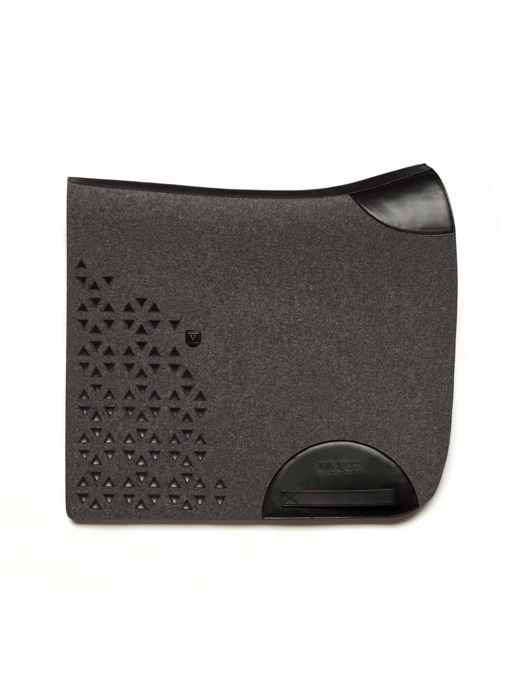 Charcoal wool felt saddle pad with black leather trim and triangle cut-out pattern.