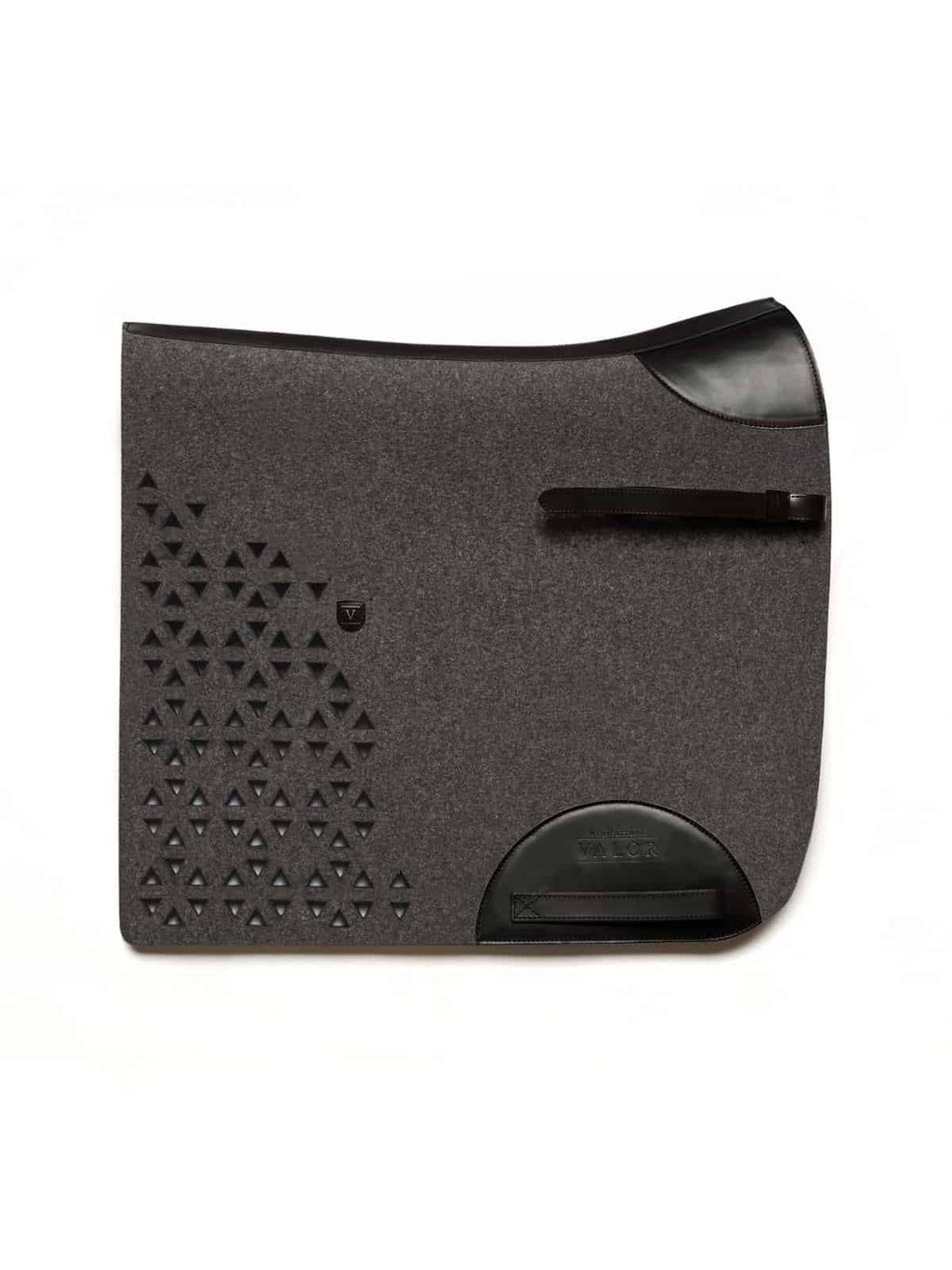 Grey natural wool felt saddle pad featuring black leather details, adjustable straps, and modern cut-out pattern