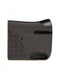 Grey natural wool felt saddle pad featuring black leather details, adjustable straps, and modern cut-out pattern