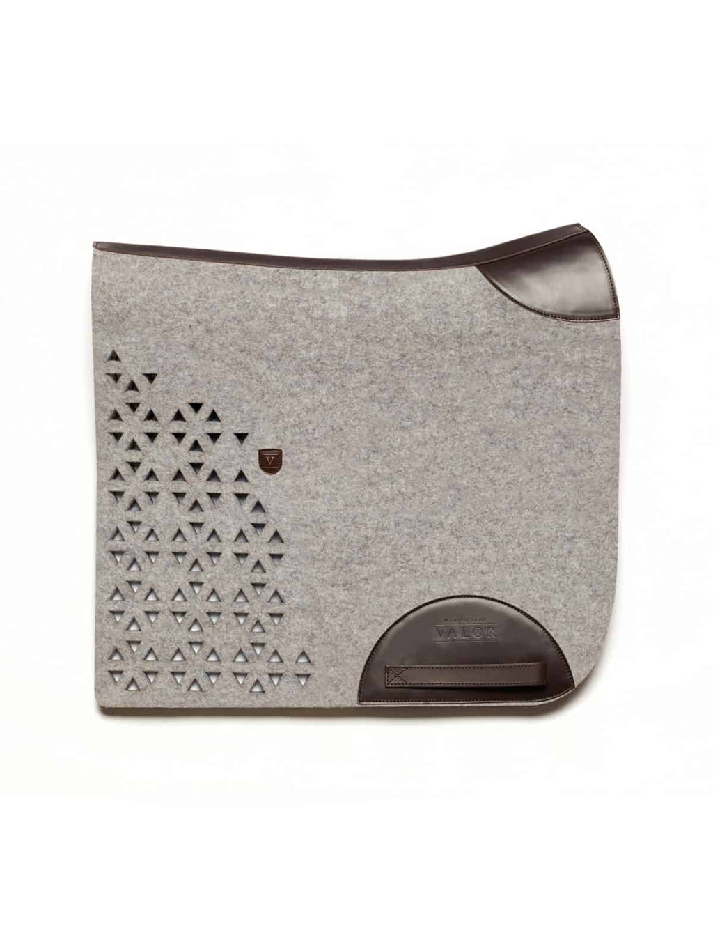TRAMIN cut-out wool felt saddle pad with brown leather trim and triangle cut-out detail.