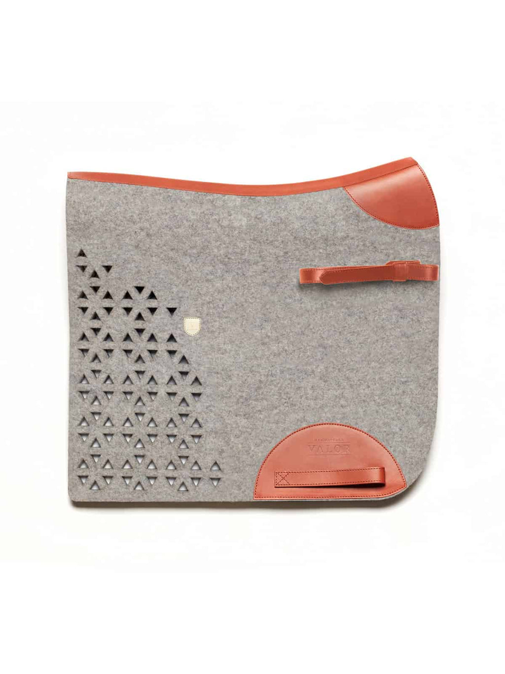 Breathable wool felt saddle pad with leather fastening straps and geometric cut-out pattern