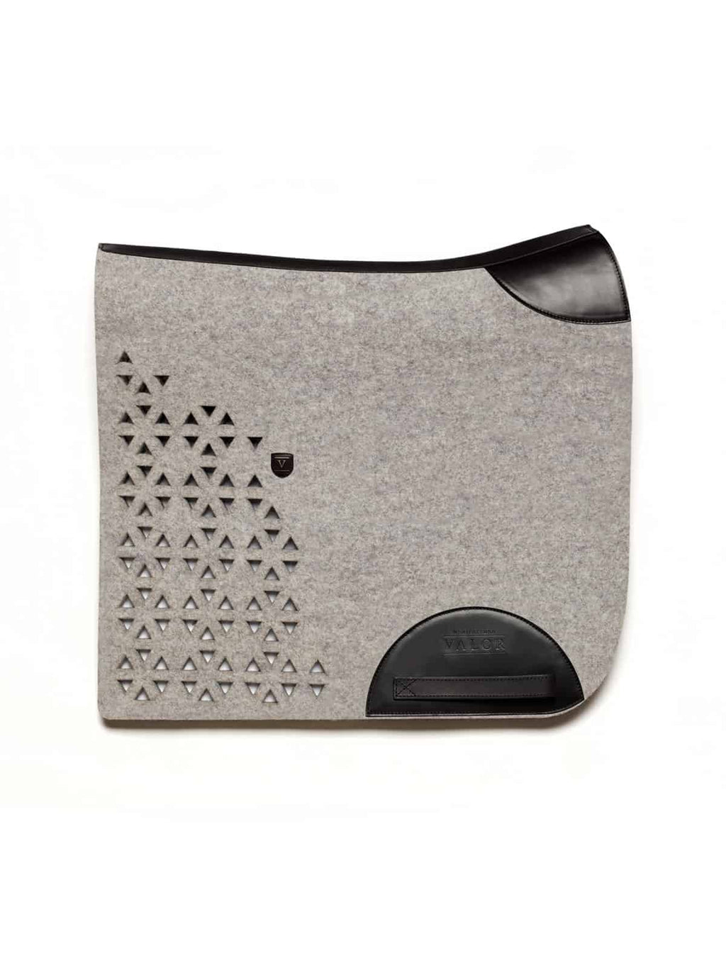 Luxury gray wool felt saddle pad with laser-cut triangle pattern and black leather detailing