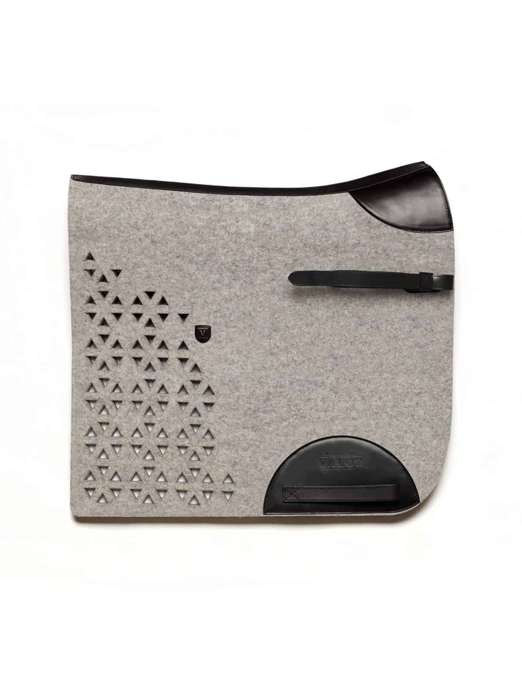 Natural wool felt saddle pad with cut-out design, calf leather trims, and adjustable straps for horse comfort