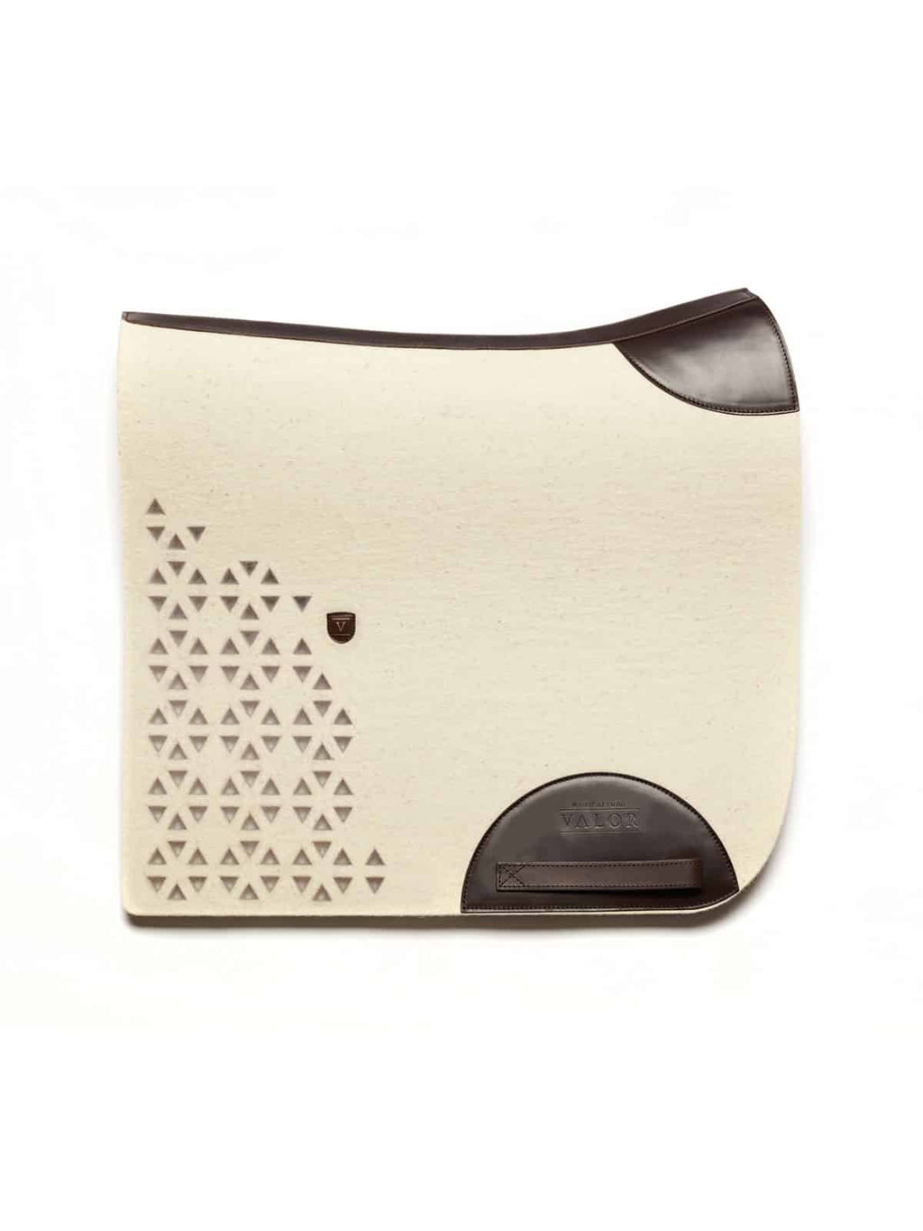 Premium cream wool felt cut-out saddle pad with dark brown calf leather trim and handle.