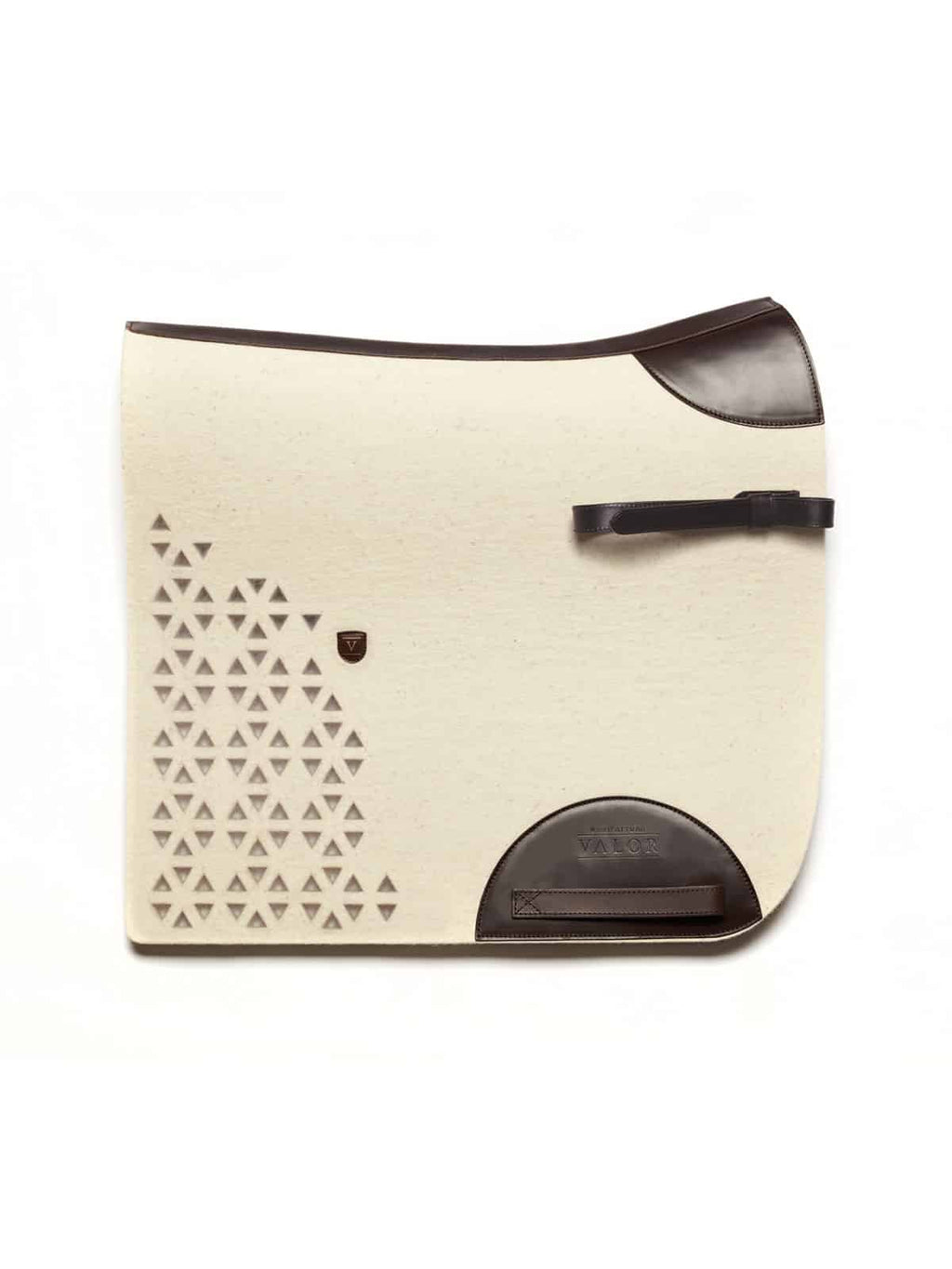 Elegant cream saddle pad with triangular cut-outs, leather accents, and ergonomic horse fit