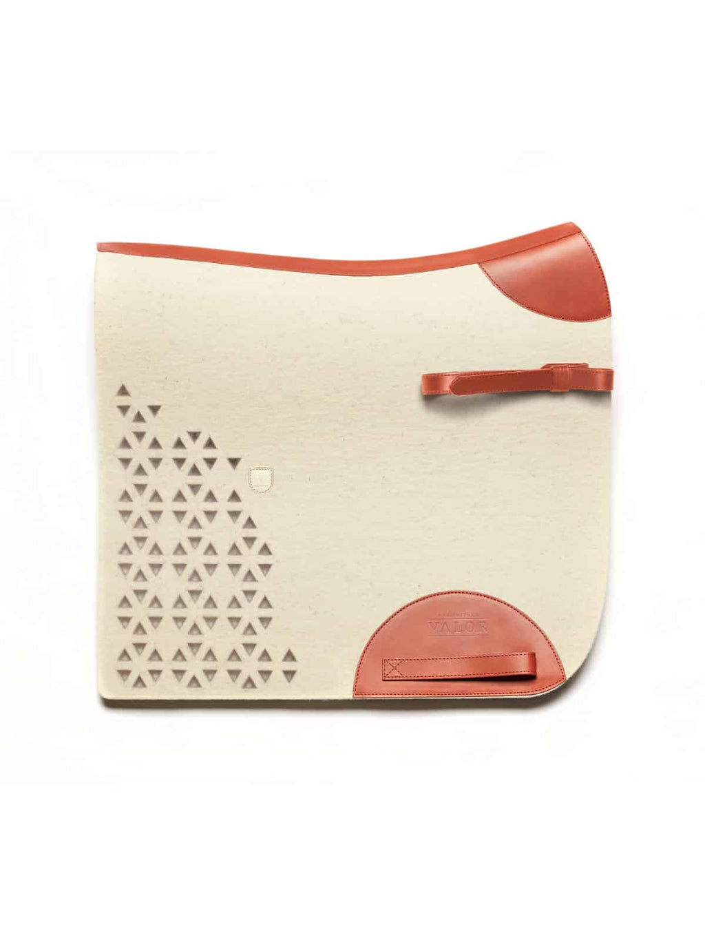 A side-view image of a cream-colored felt horse saddle pad with bright tan leather wear leathers and trim, featuring a decorative laser-cut triangle pattern and a girth strap, isolated on a white background.