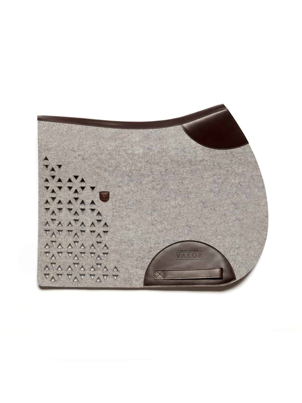 Ergonomic wool felt saddle pad with breathable cut-out design, brown calf leather trim and reinforced girth area.