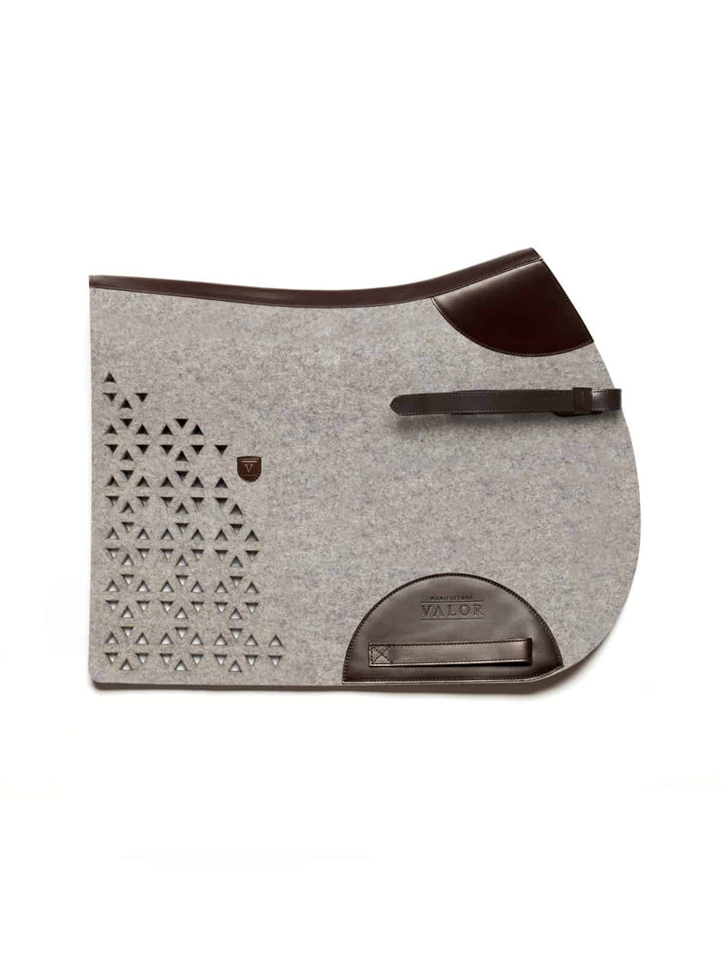 Premium grey felt saddle pad with brown leather reinforcement and signature geometric cut-out details.