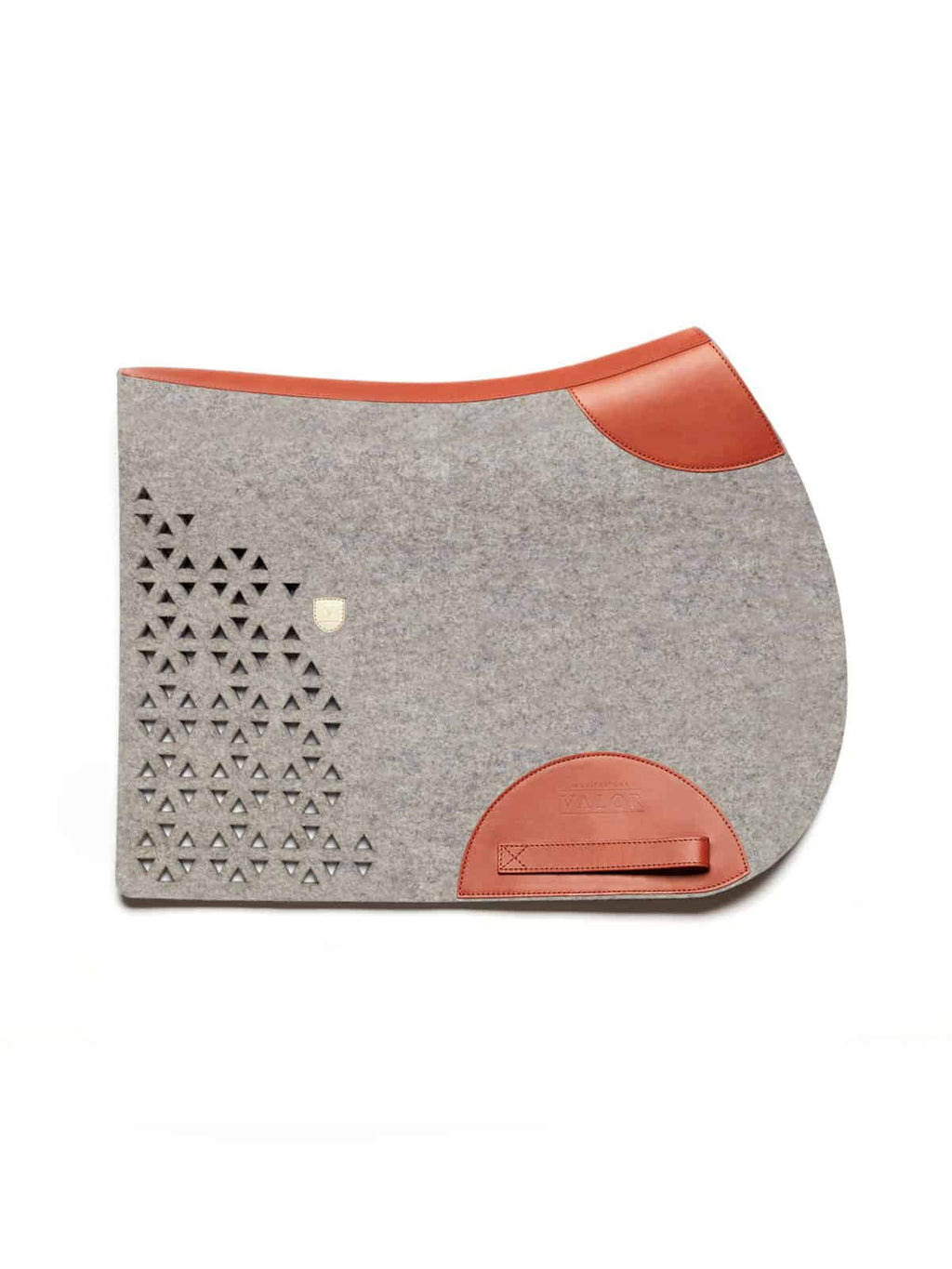 Light grey wool felt saddle pad with tan leather wear patches and a triangular side-perforation pattern.