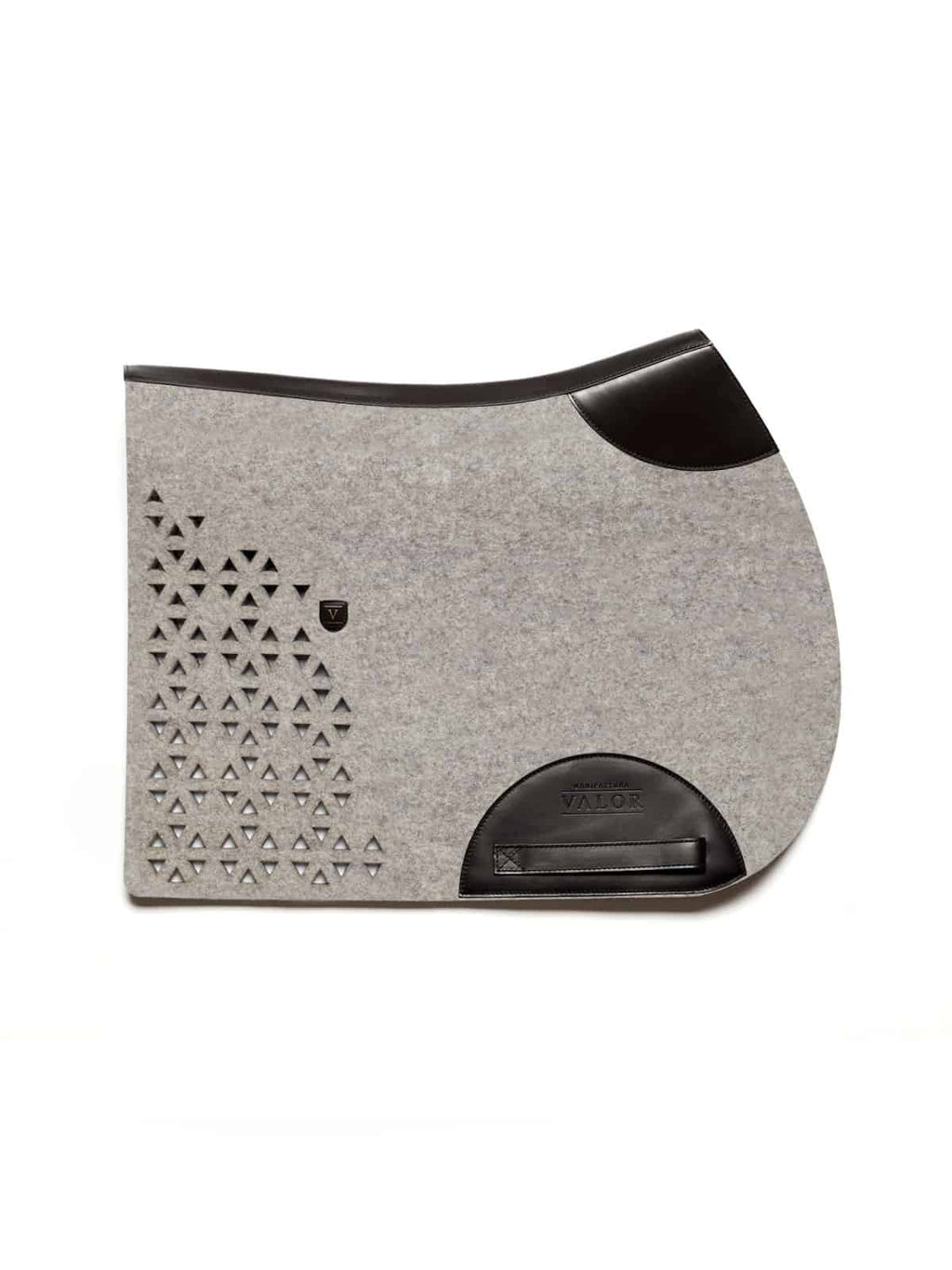 Light grey wool felt saddle pad with black leather reinforcements and a unique decorative triangle pattern