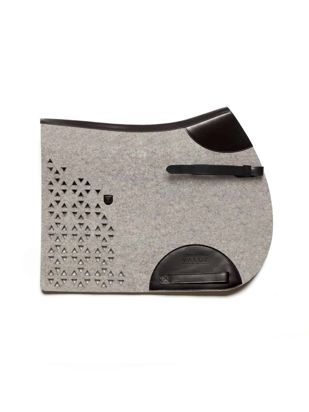Grey wool felt horse saddle pad featuring black leather trim, cut-out pattern, and ergonomic shape.