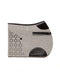 Grey wool felt horse saddle pad featuring black leather trim, cut-out pattern, and ergonomic shape.