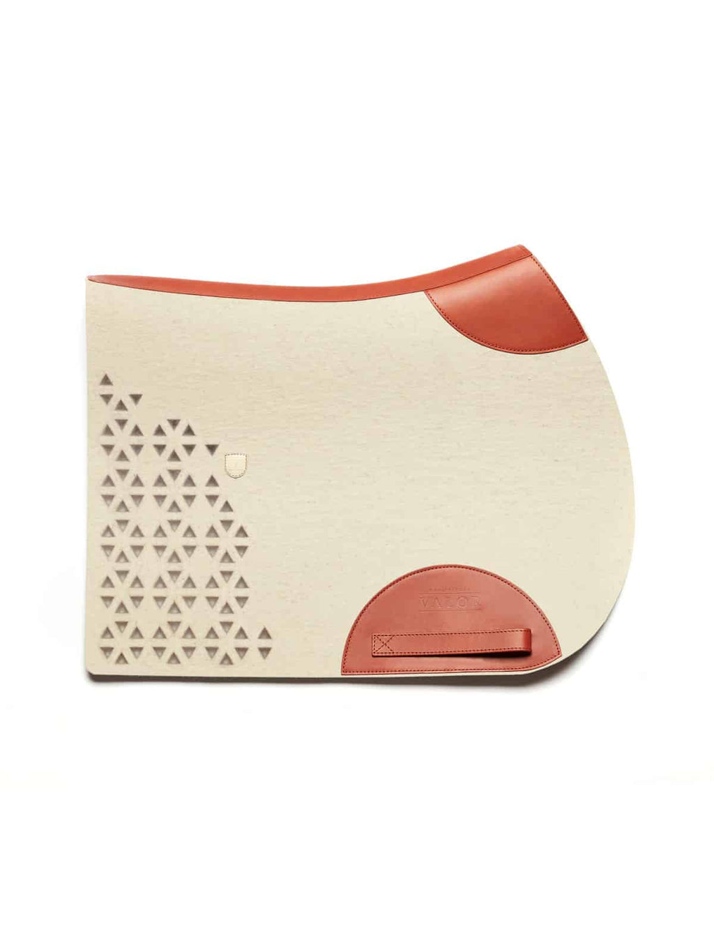 100% pure wool felt saddle pad with tan calf leather trim and ergonomic horse-back profile.